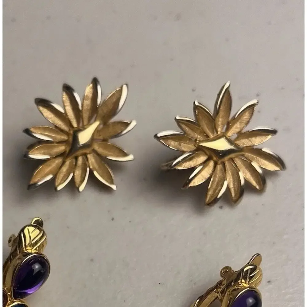 Trifari Clip On Earrings Lot Jelly Cabochon Door Knockers Starburst Gold Tone